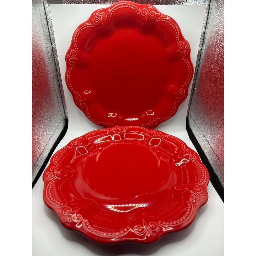 2 PIONEER WOMAN 11" Dinner Plate Red Scalloped TONI Stoneware
